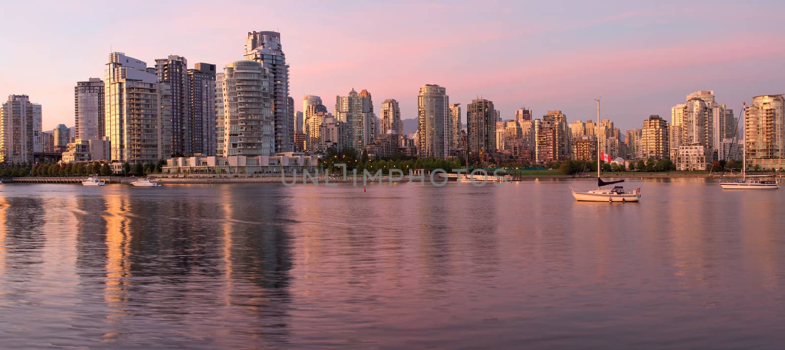 Vancouver BC Canada Skyline along False Creek at Dusk Panorama