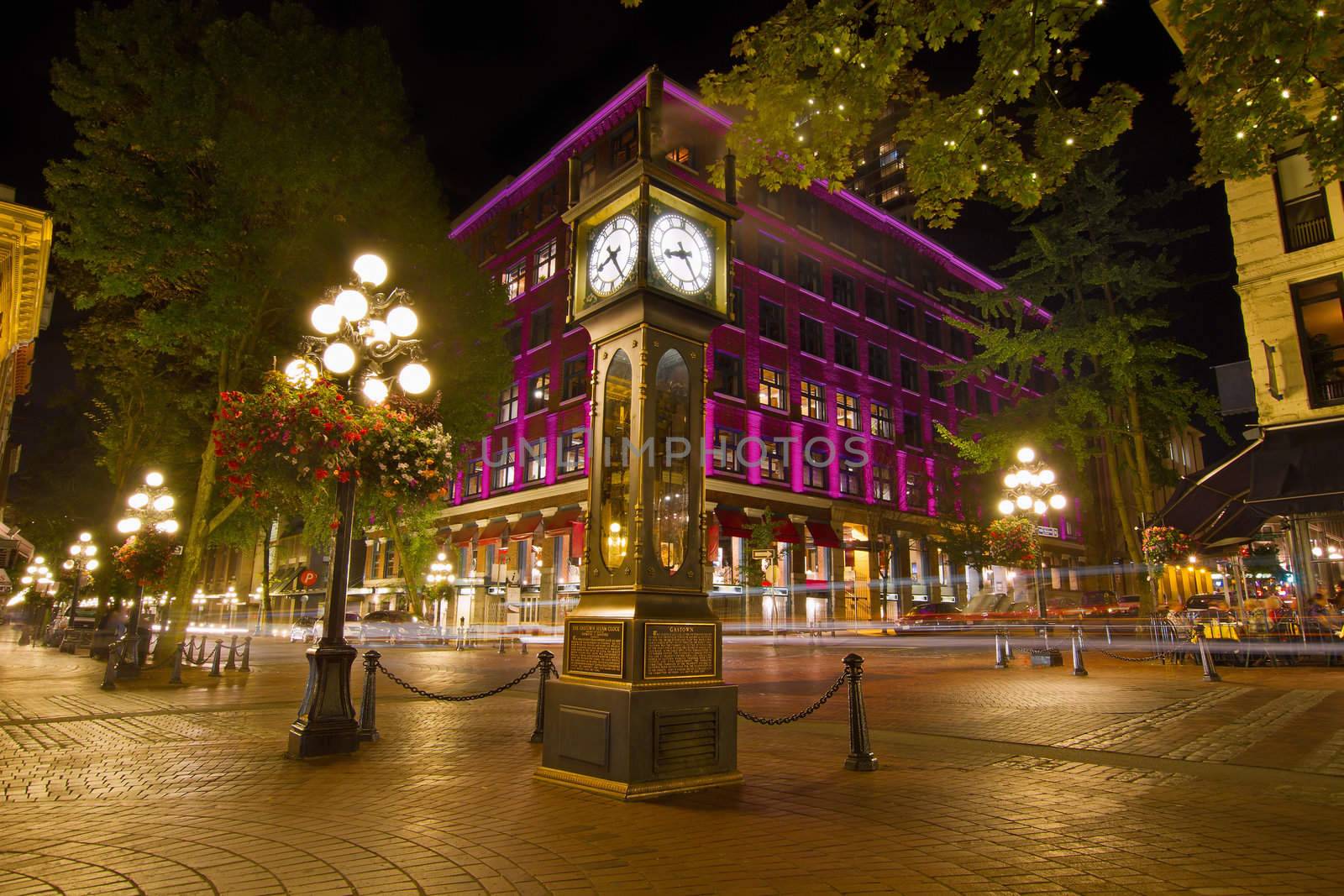 Historic Steam Clock in Gastown Vancouver British Columbia Canada at Night