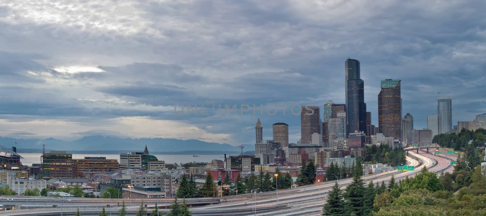 Seattle Washington Downtown Skyline and Freeway Panorama