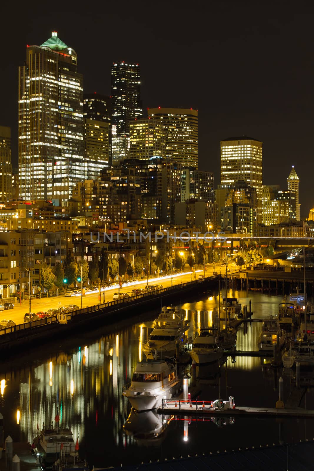 Seattle Washington Downtown Waterfront Skyline at Night