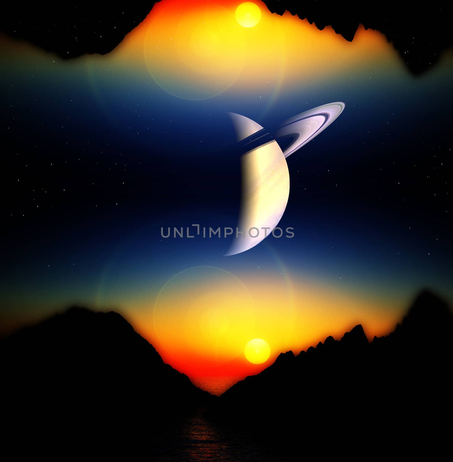 A view of a landscape and sky of an alien world.