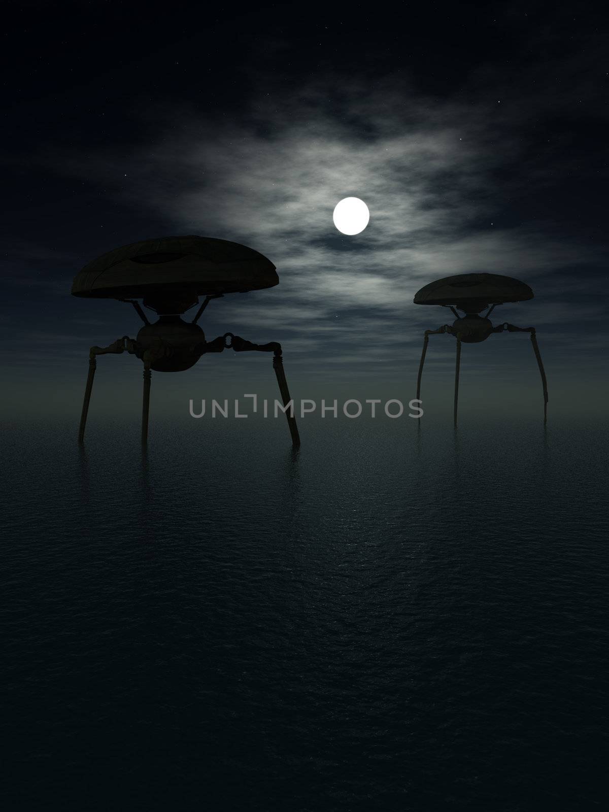 A set of alien tripods in a dark moonlit ocean scene.
