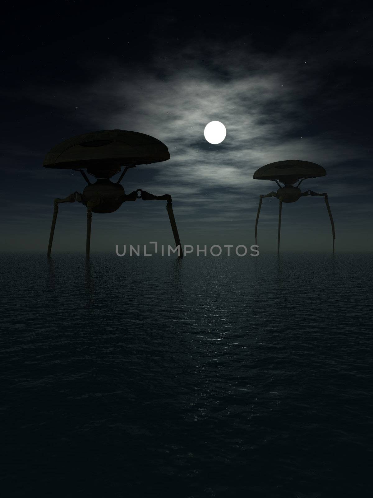 A set of alien tripods in a dark moonlit ocean scene.
