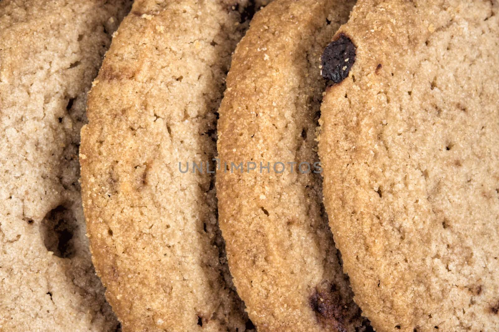 Closeup of a row of chocolate chip cookies