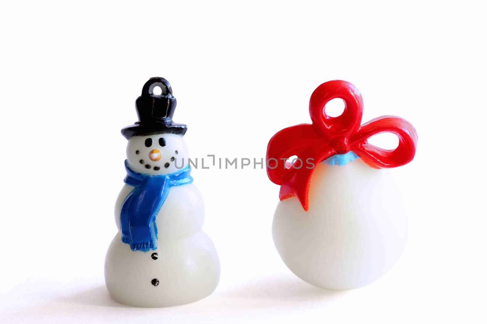 scene with plastic snowman and with  gift. Clipping path inside