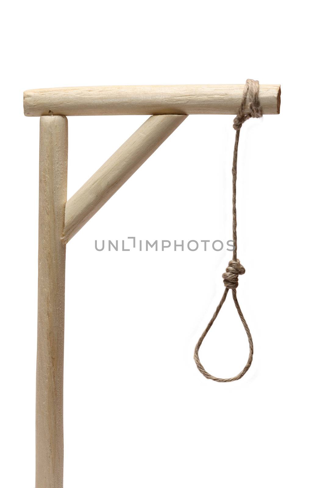 Closeup of wooden gibbet with loop on white background
