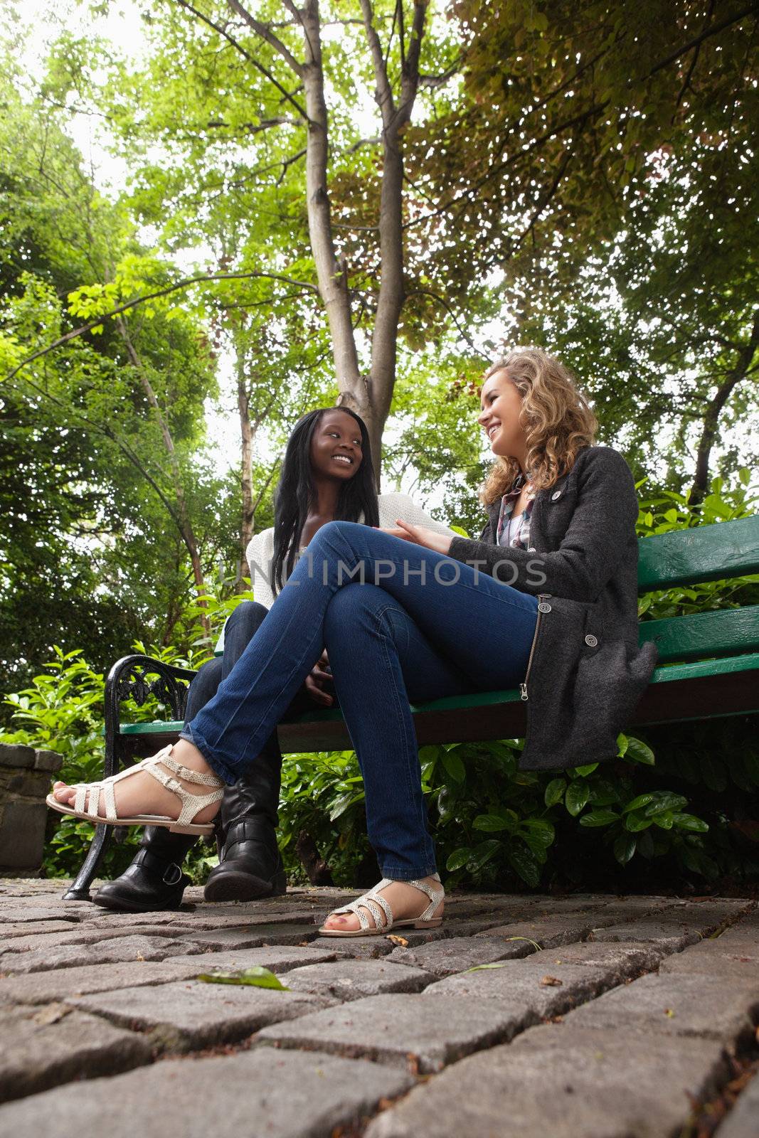 Two young female friends sitting on bench in the park and chatting