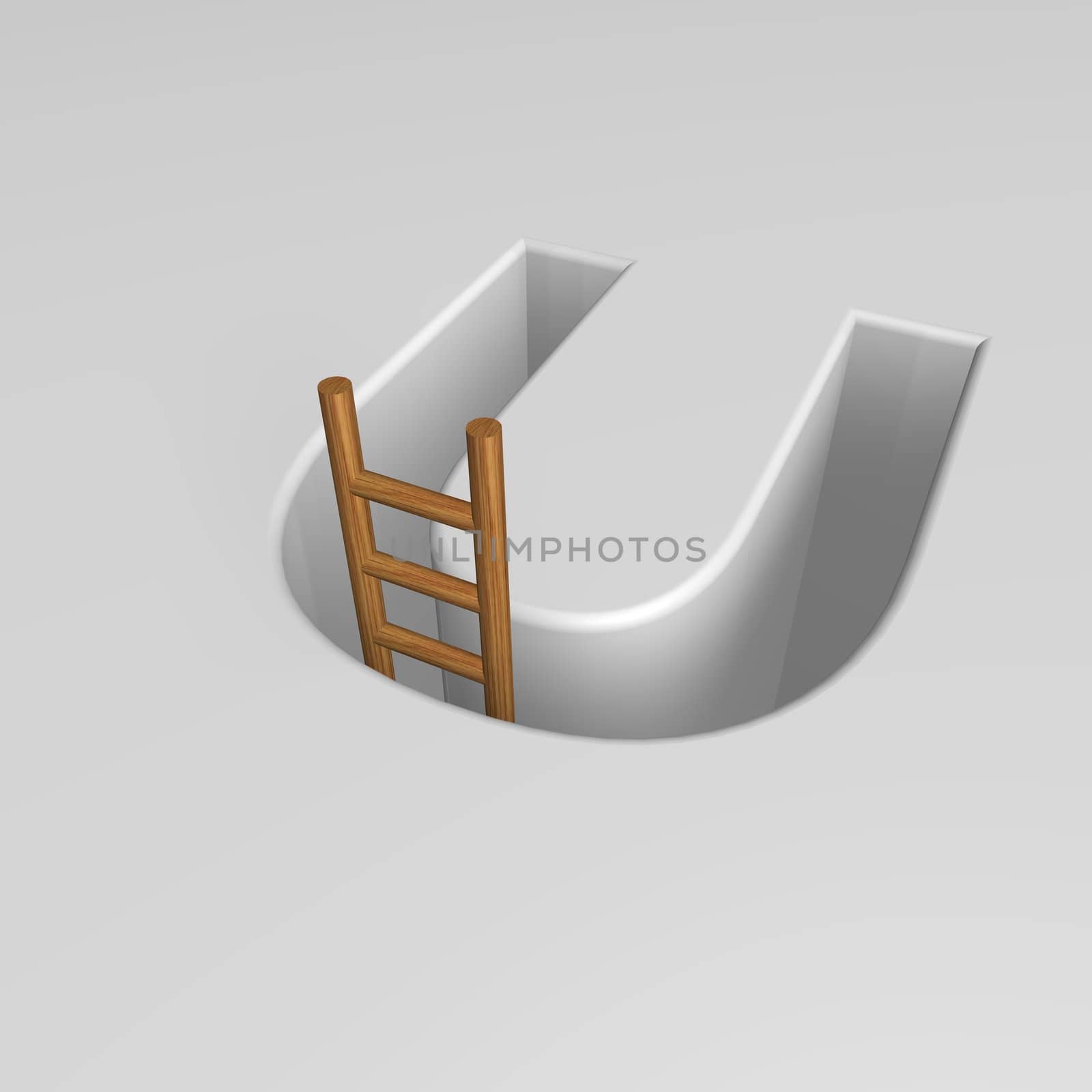 uppercase letter u shape hole with ladder - 3d illustration