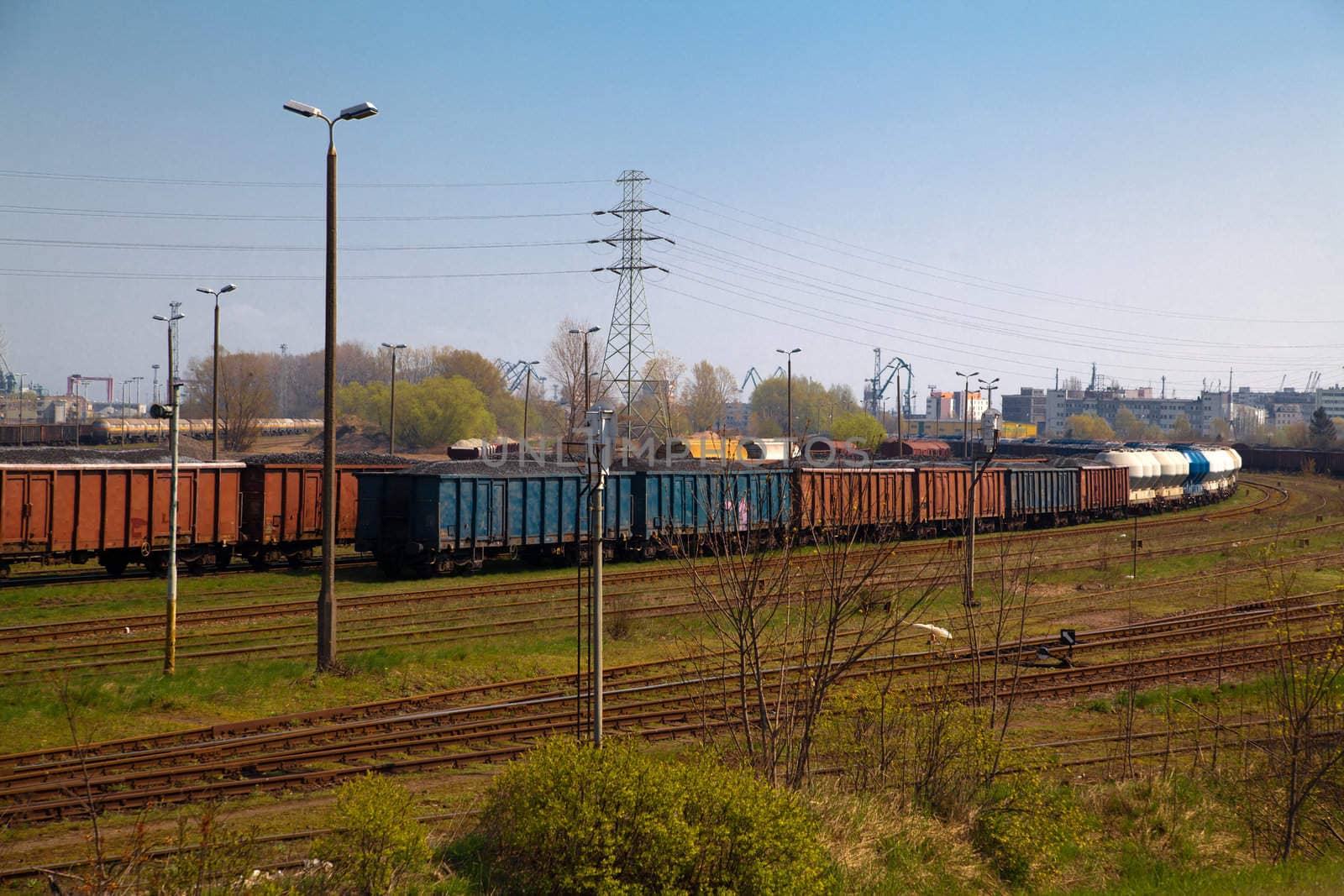Overview of the railway freight station with lot of different wagons

