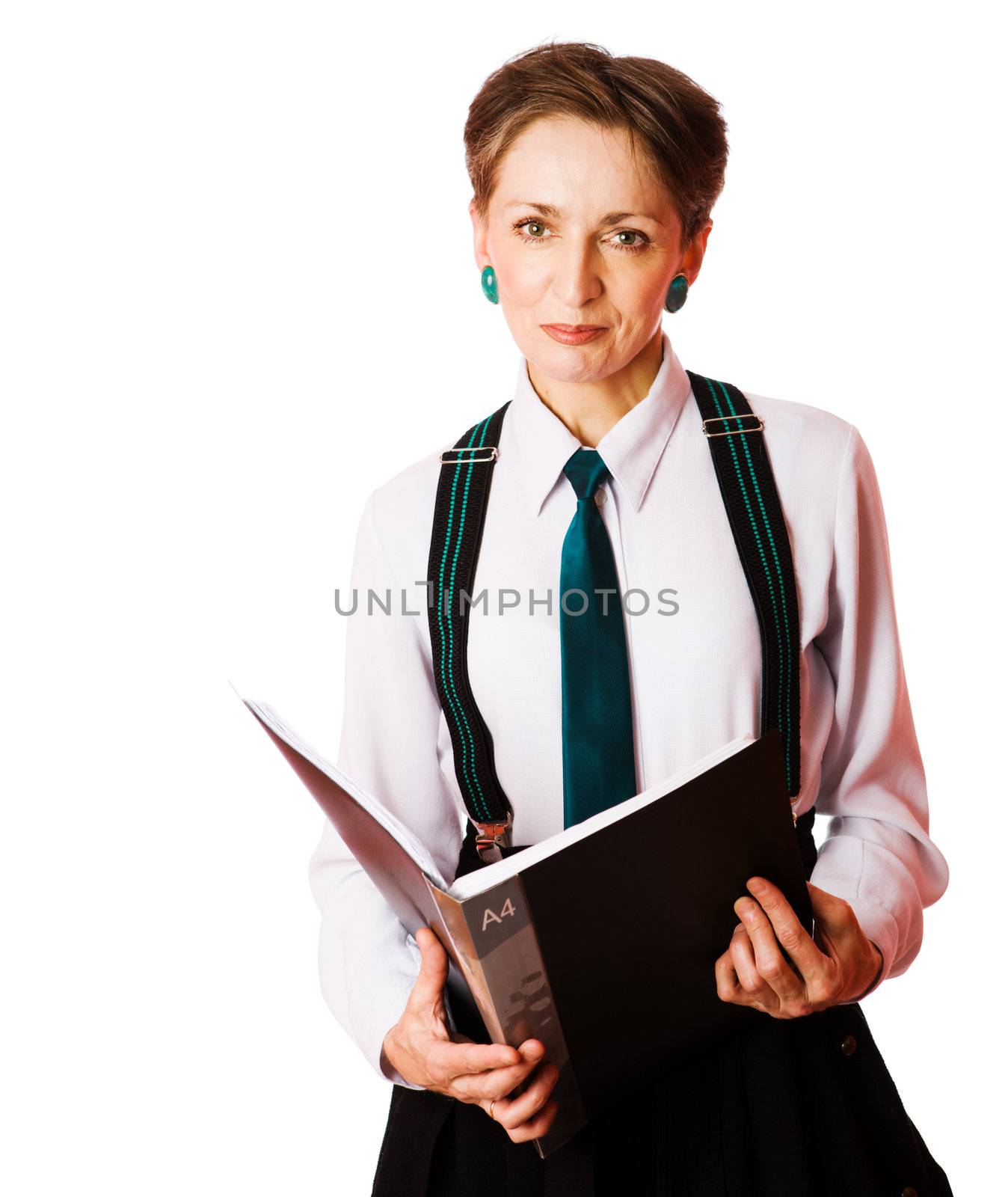 Portrait of Business woman holding folder isolated on white