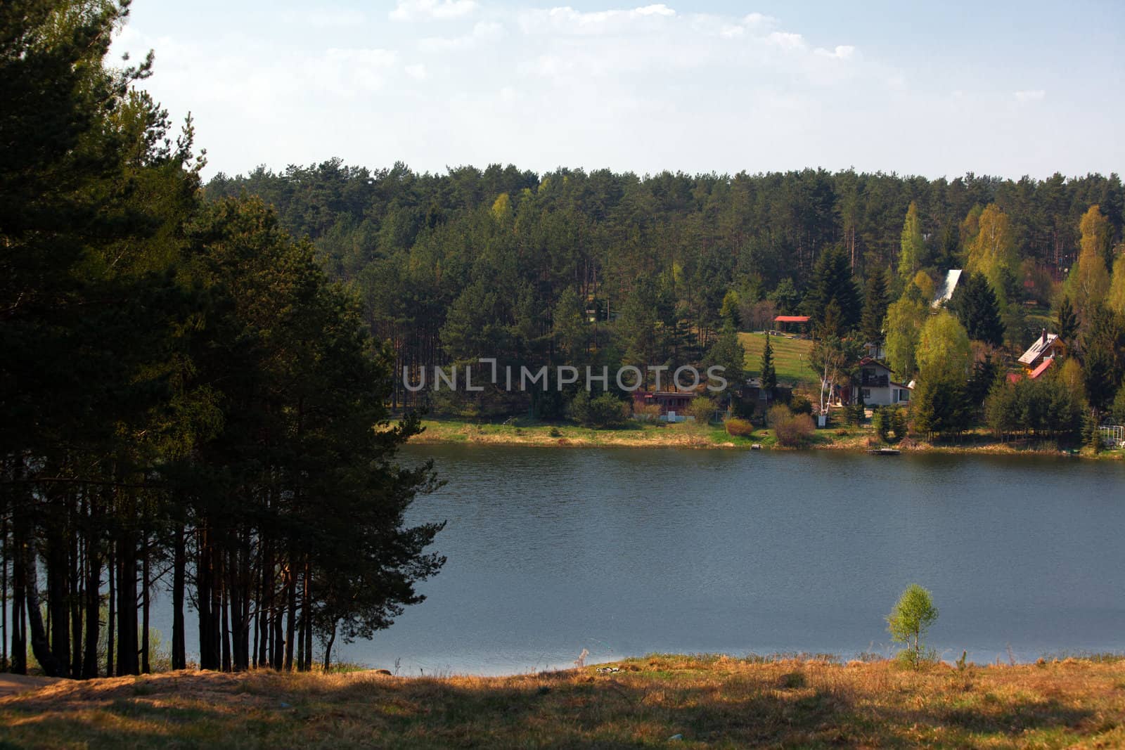 Landscape over the lake and village
