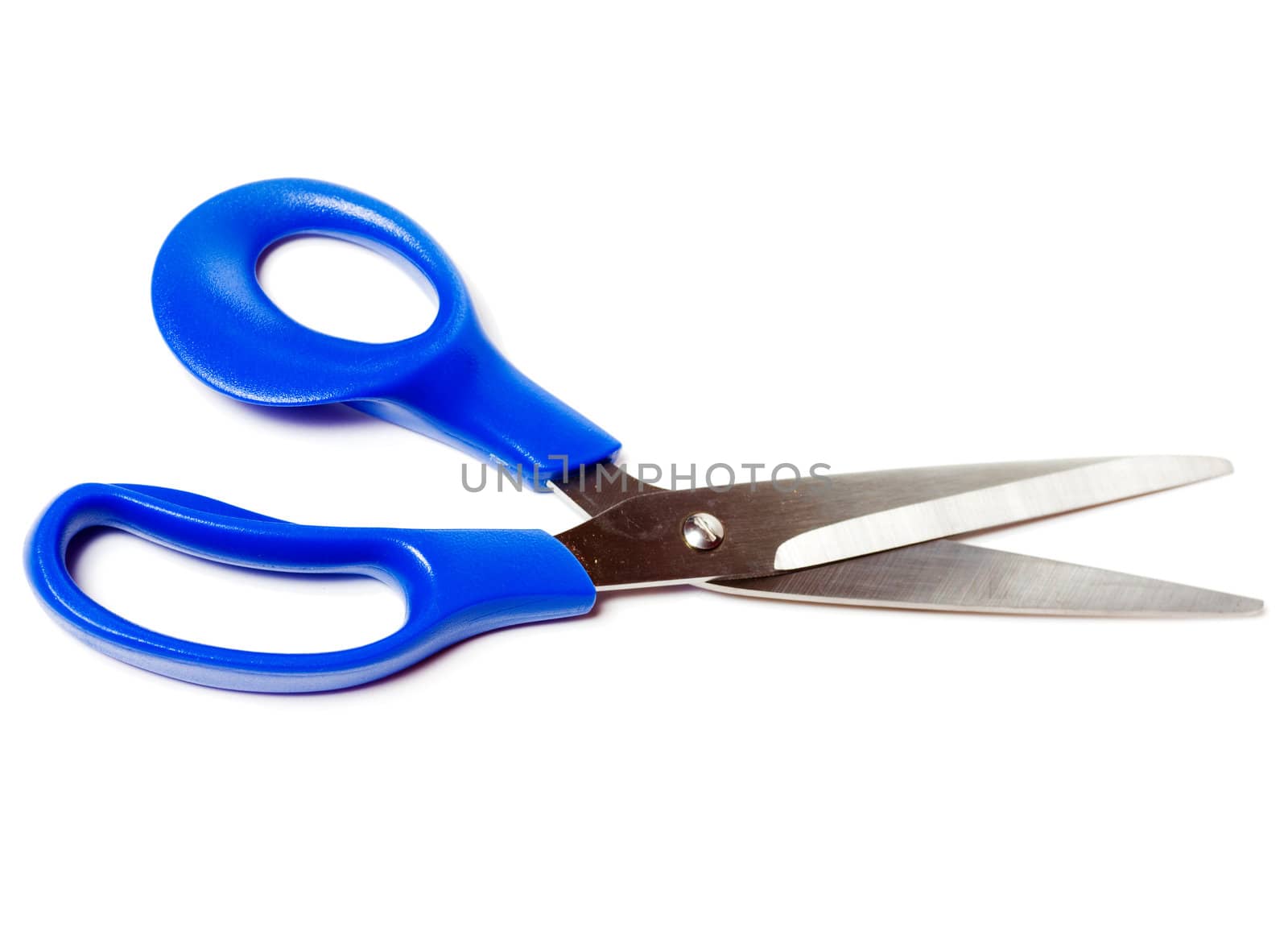 New scissors with blue handle isolated on white
