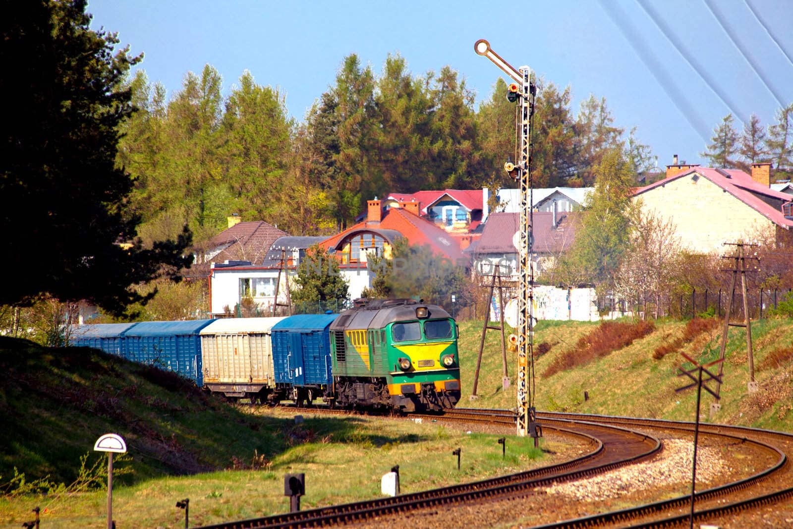 Freight train passing the curve
