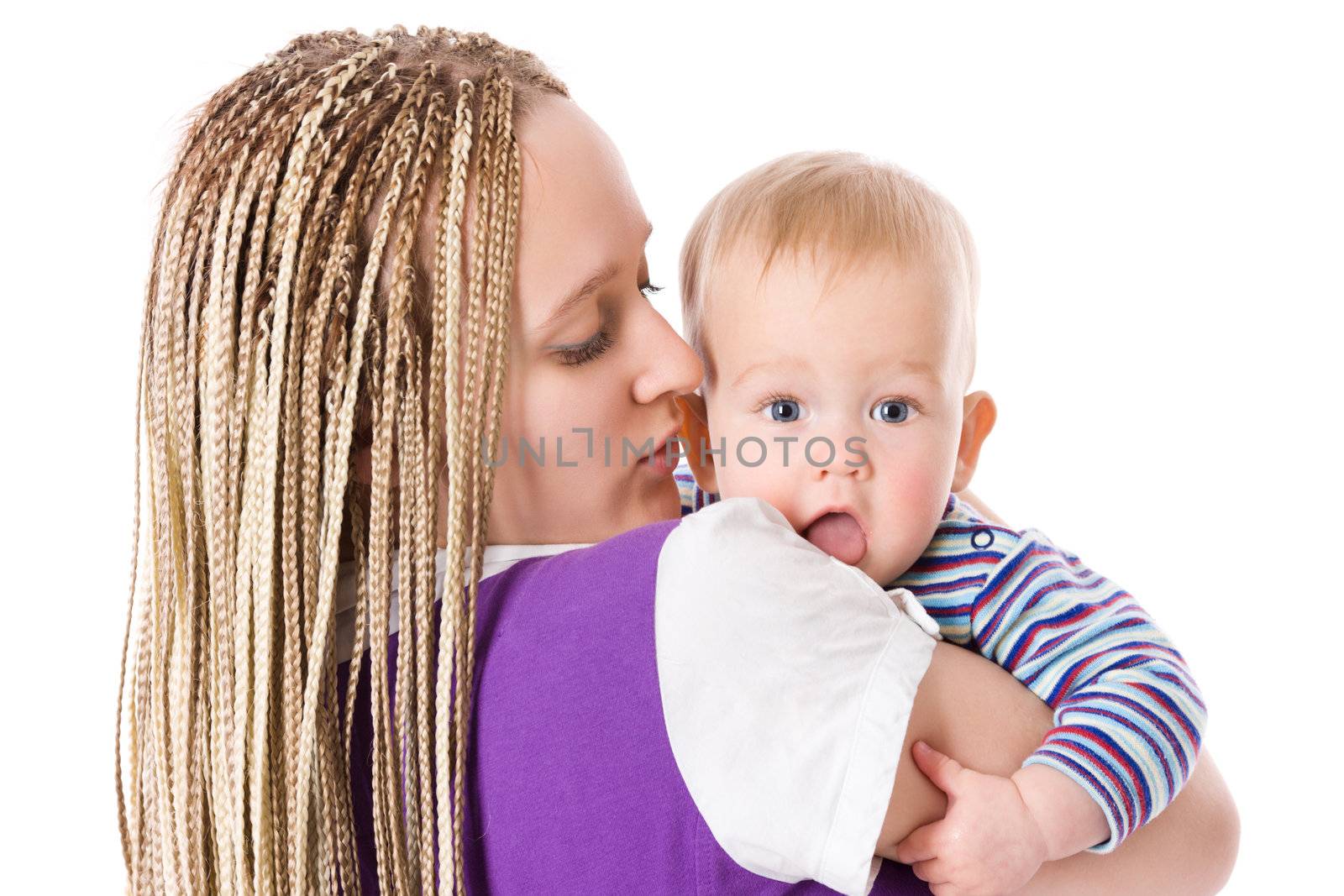 Modern Mother holding six month baby isolated