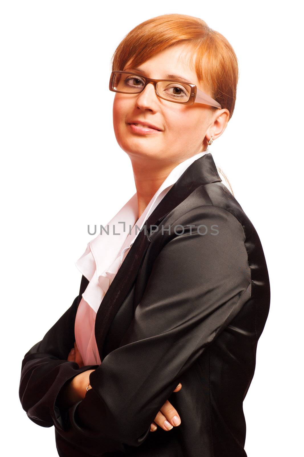 redhead Business woman wearing black suite isolated on white