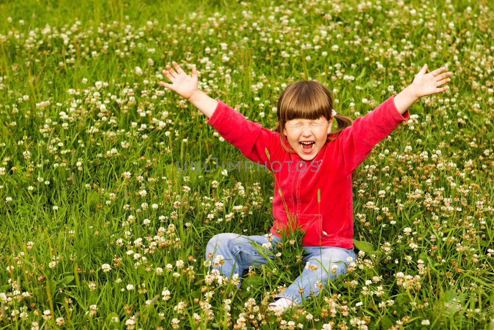 Little girl wearing red closes and ponytails sitting in meadow