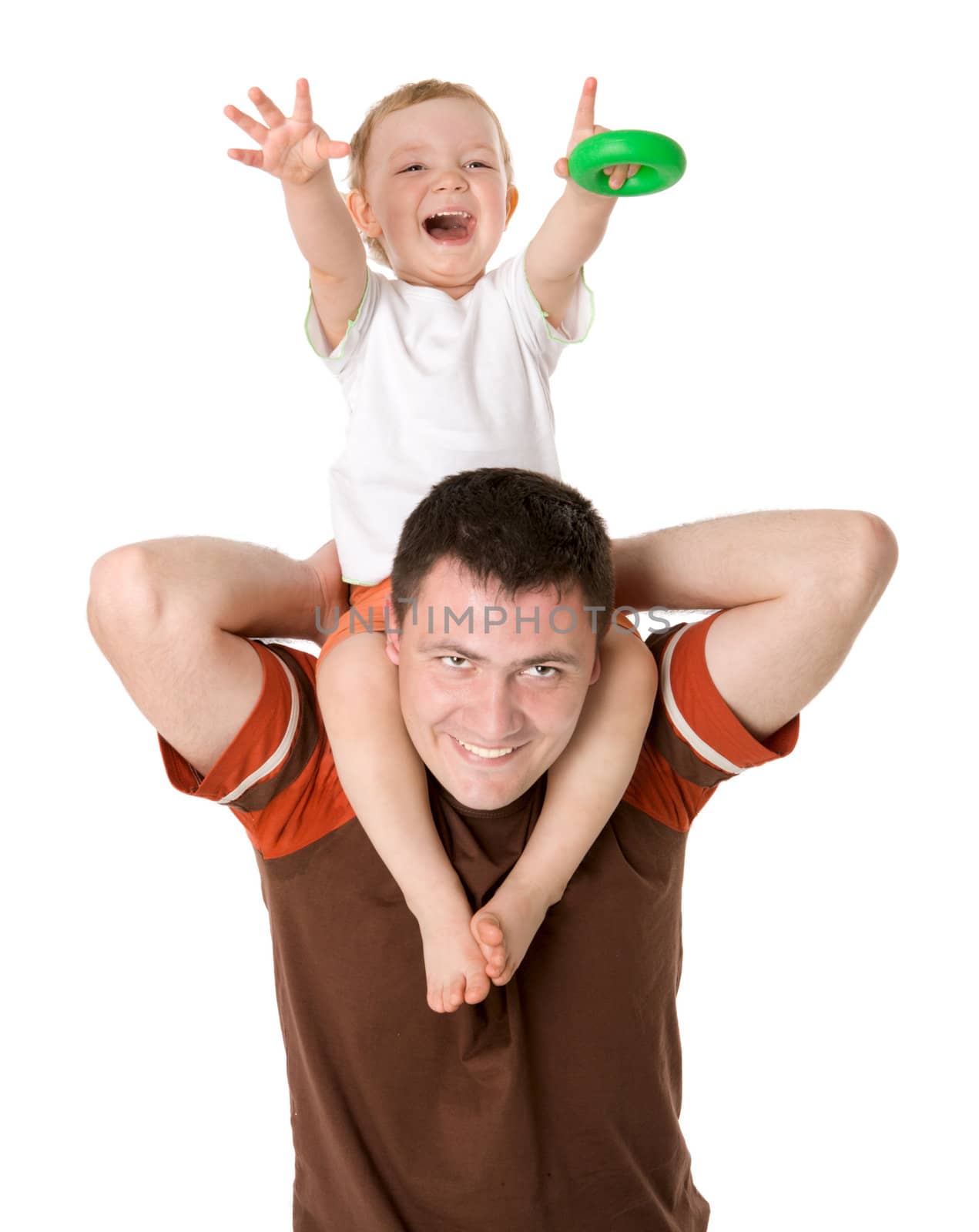 Father and son having fun together isolated on white