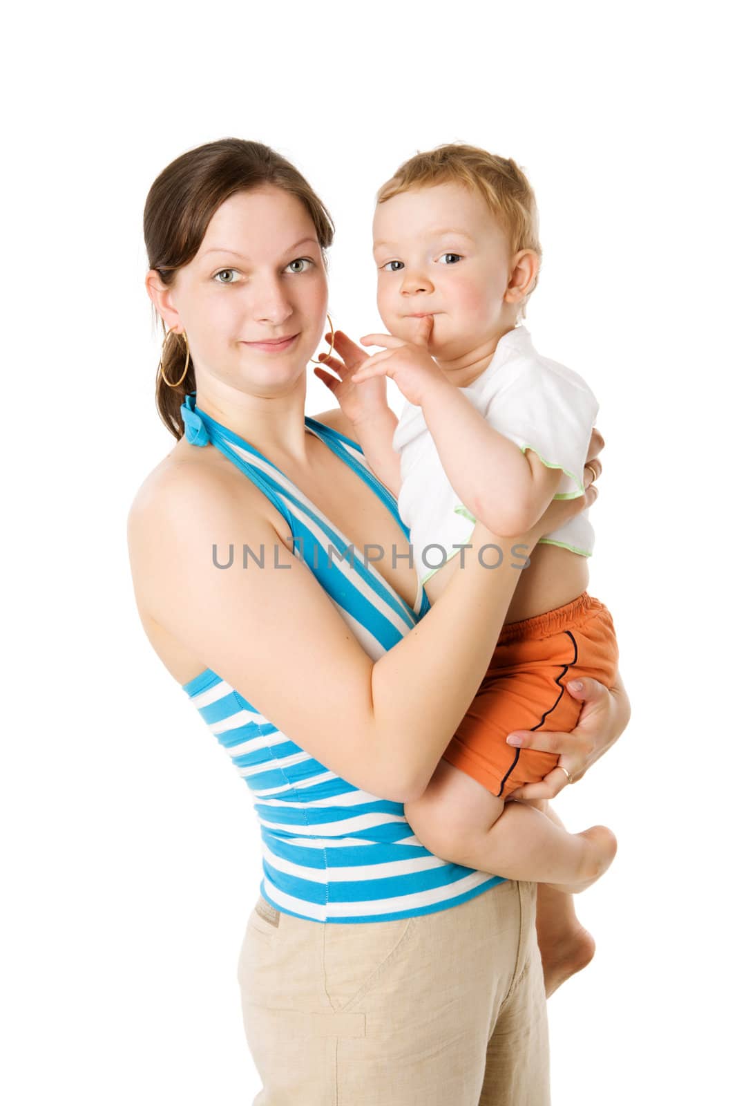 Mother holding son interested looking isolated on white