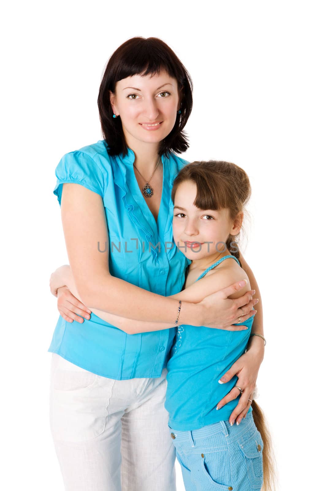 Mother and daughter holding together isolated on white