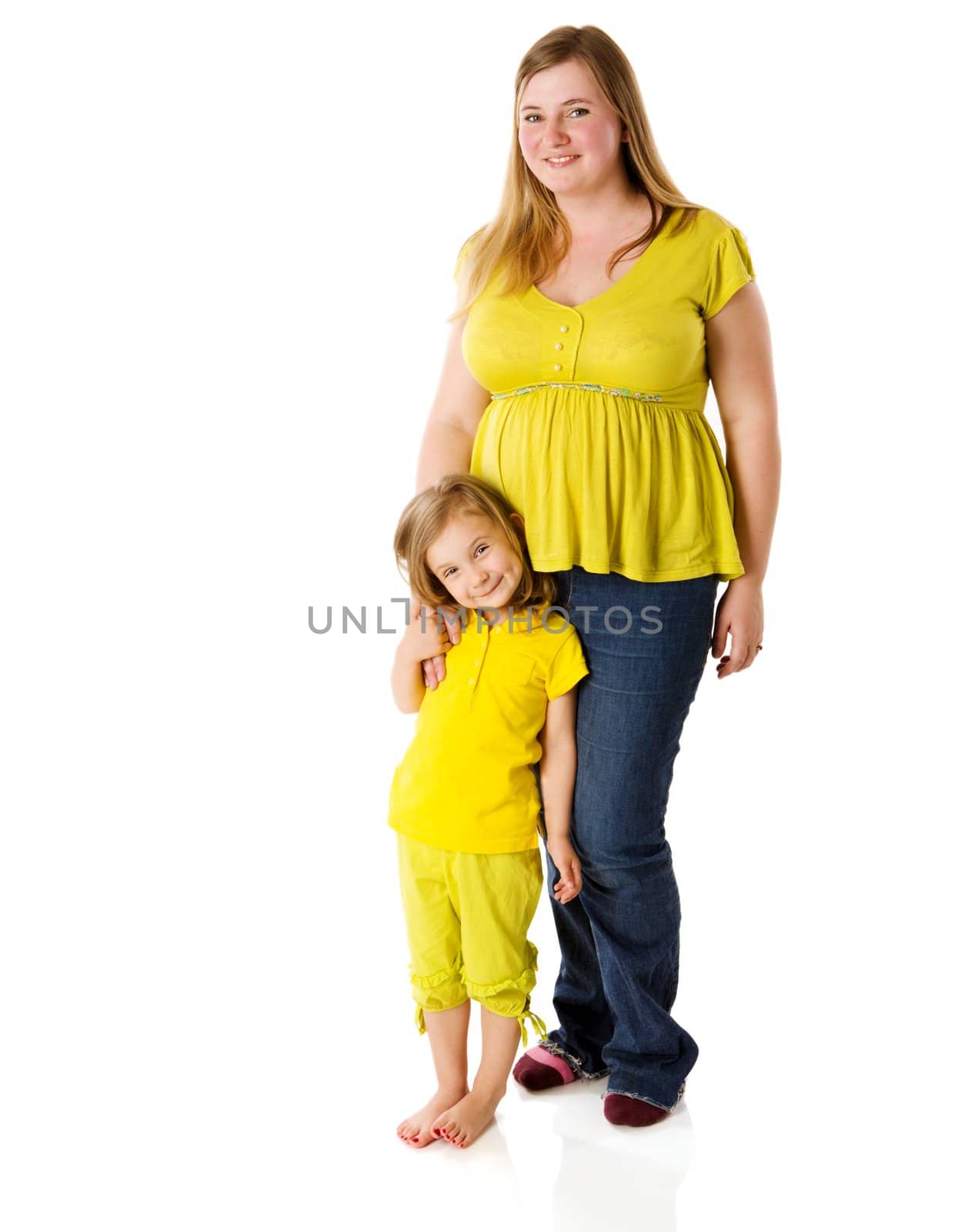 mother and daughter posing together  isolated on white