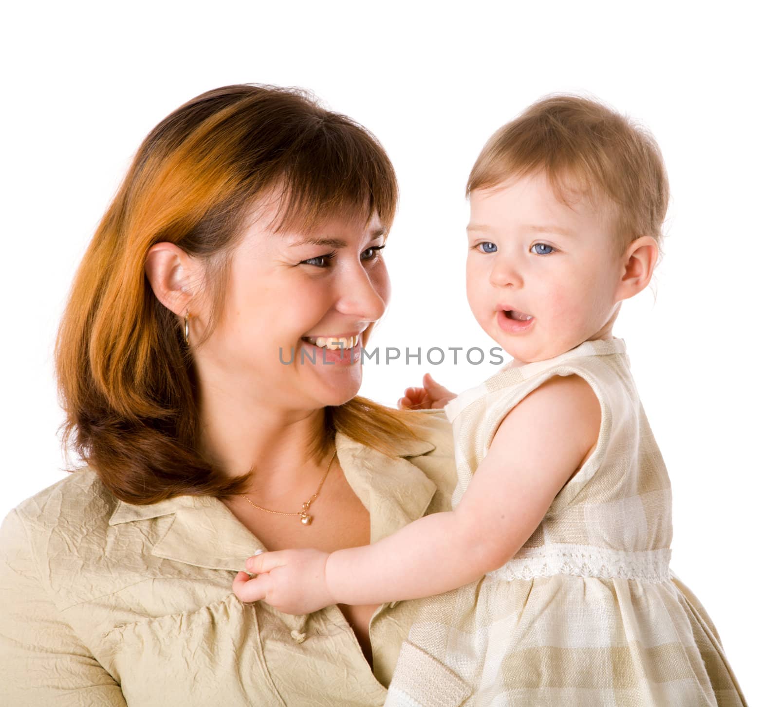 Mother with one year daughter together isolated on white