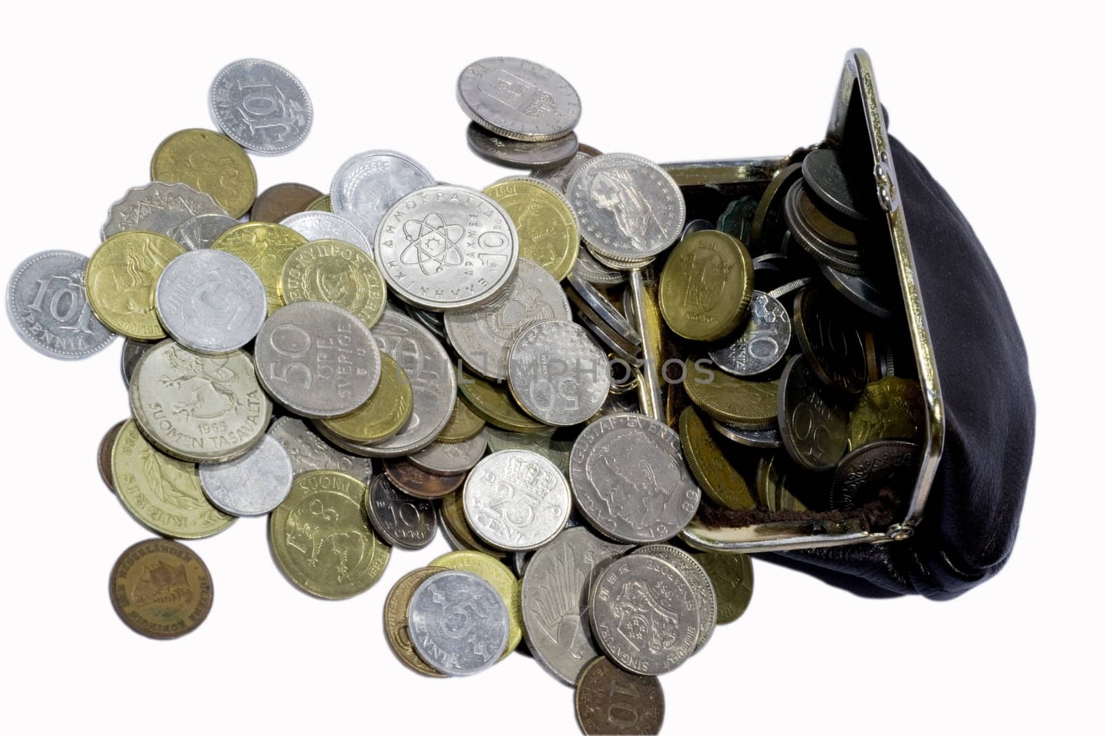 Purse and old coins isolated on the white