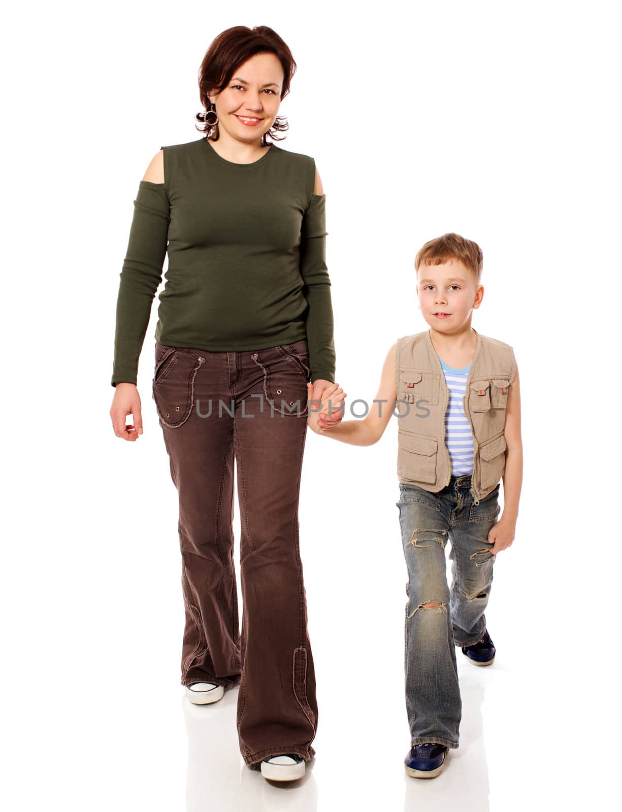 Mother and son walking together isolated on white