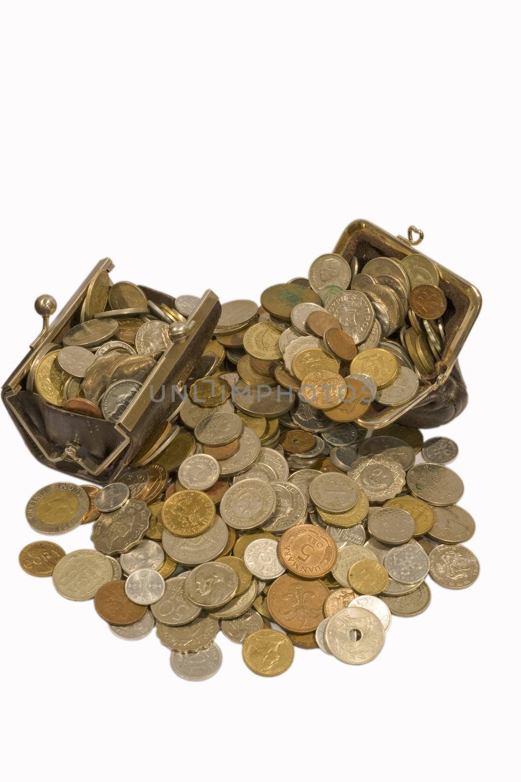 Purse and old coins isolated on the white