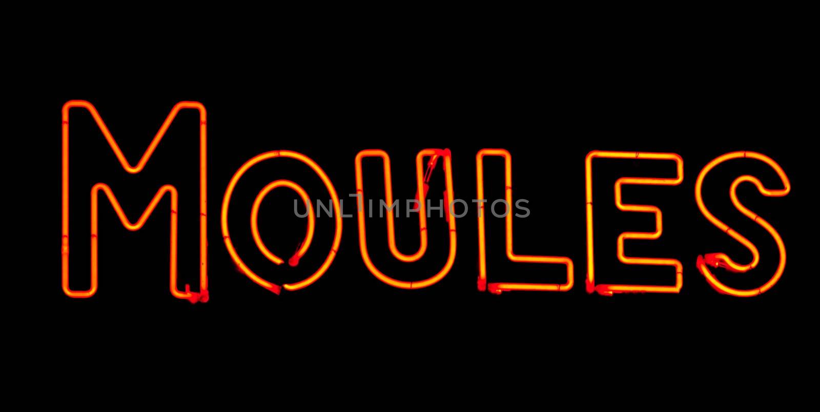 Mussel neon sign in red on black background in France