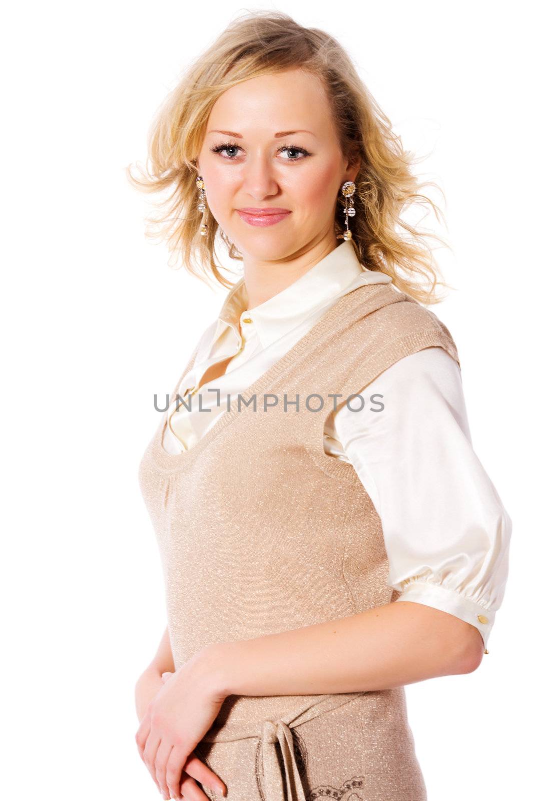 Happy blond woman portrait isolated on white