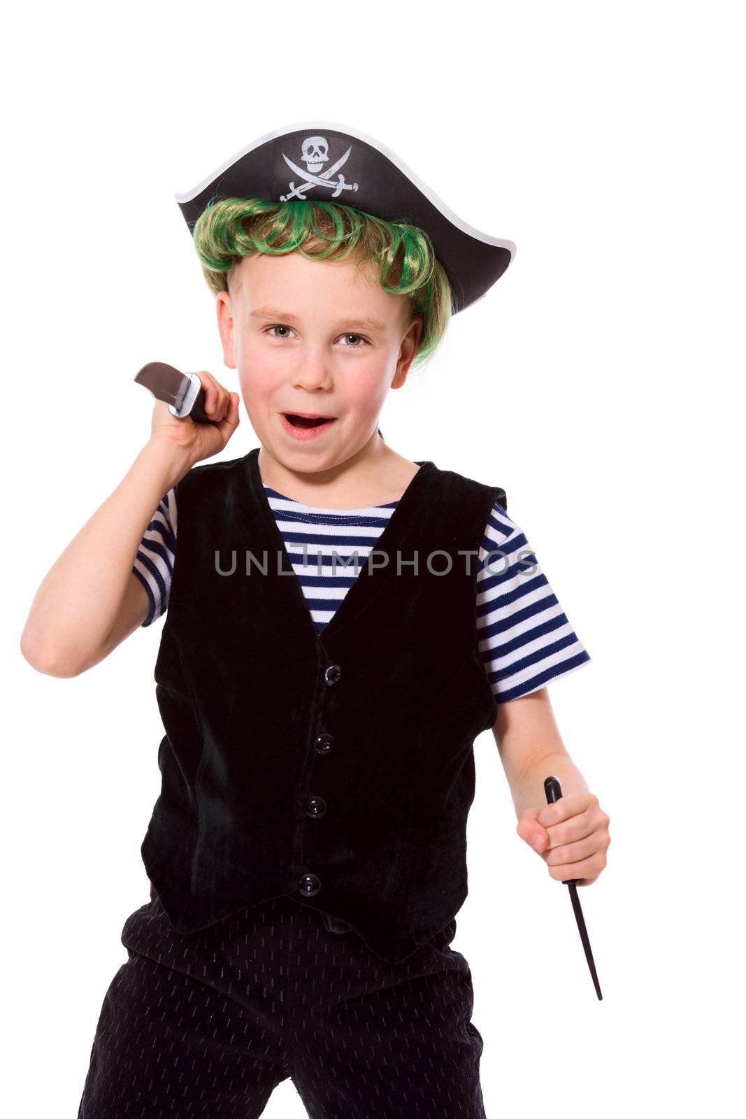 Boy wearing pirate costume holding knifes isolated on white