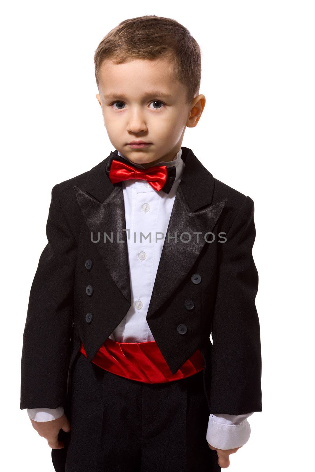 Little Boy wearing tuxedo portrait isolated on white