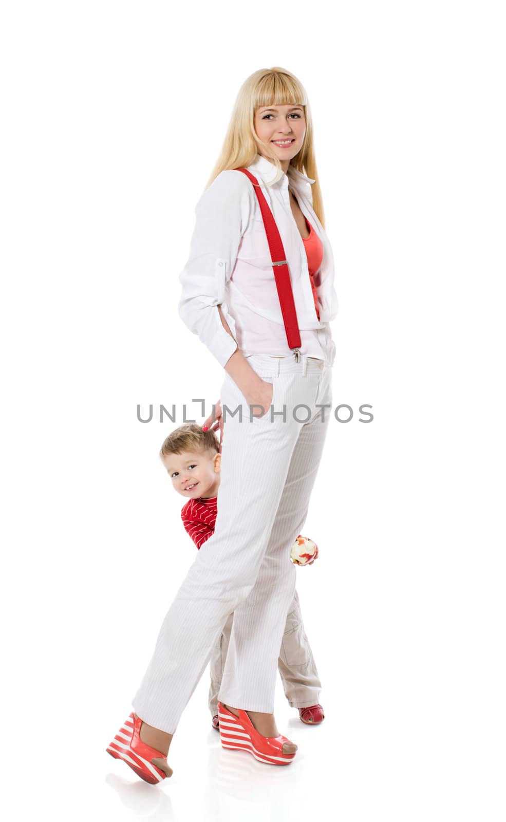 Mother and son standing together isolated on white