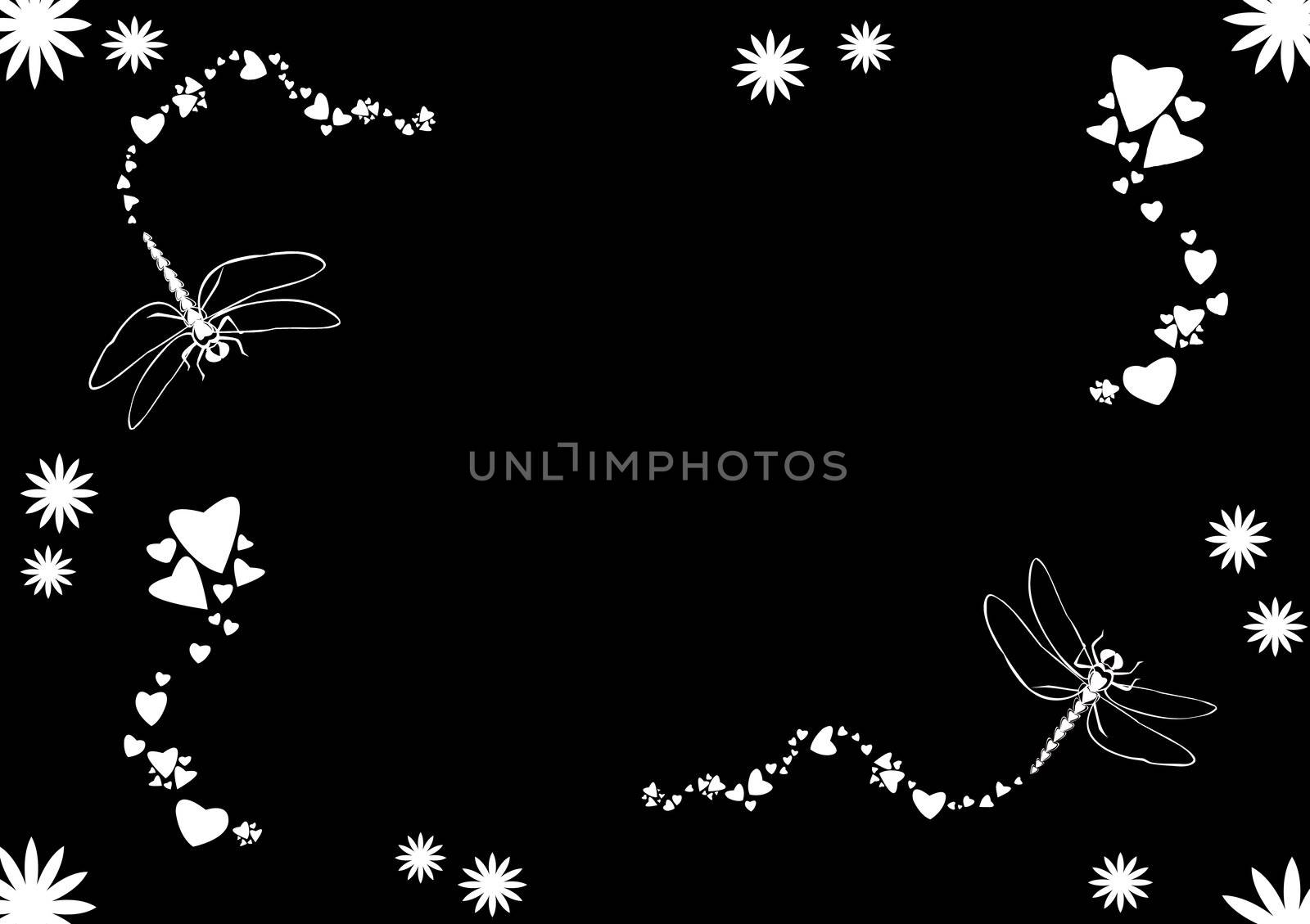 Black and white dragonflies: Original illustration of dragonflies made of red heart shapes with trail of hearts showing fly path.