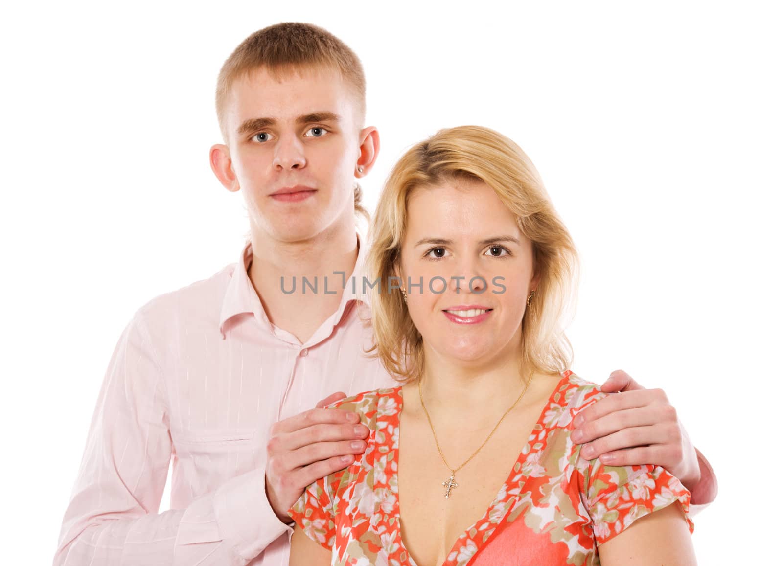 Mother and grown son together isolated on white