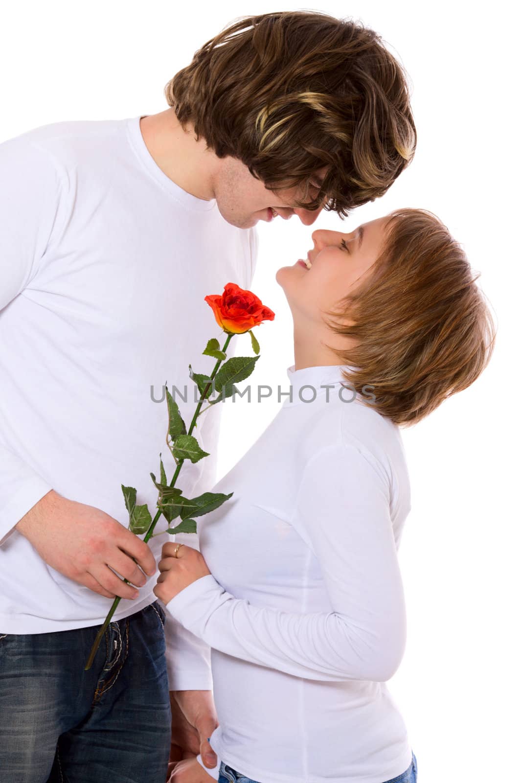 Young cheerful couple together isolated on white