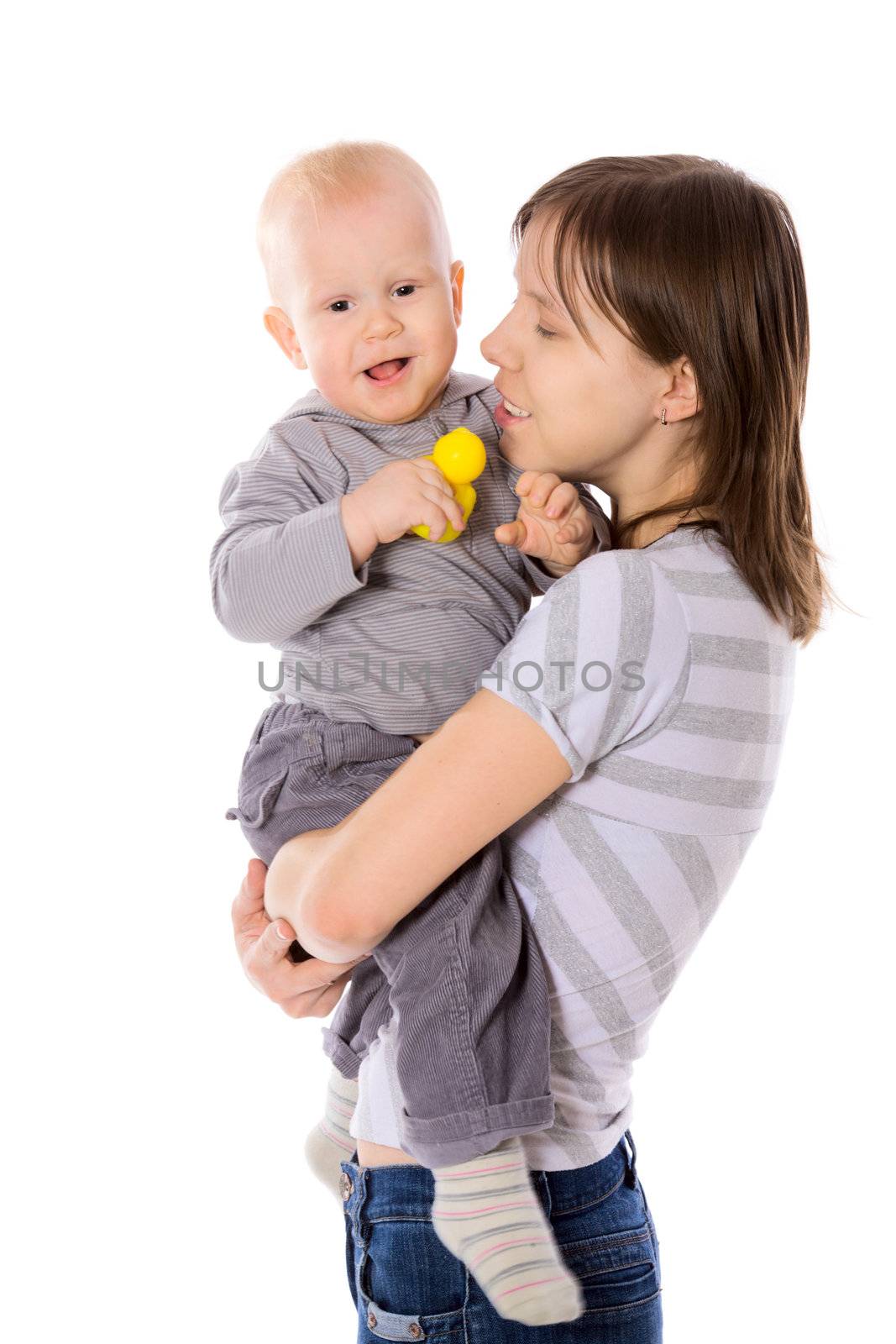 Mother with one year son together isolated on white