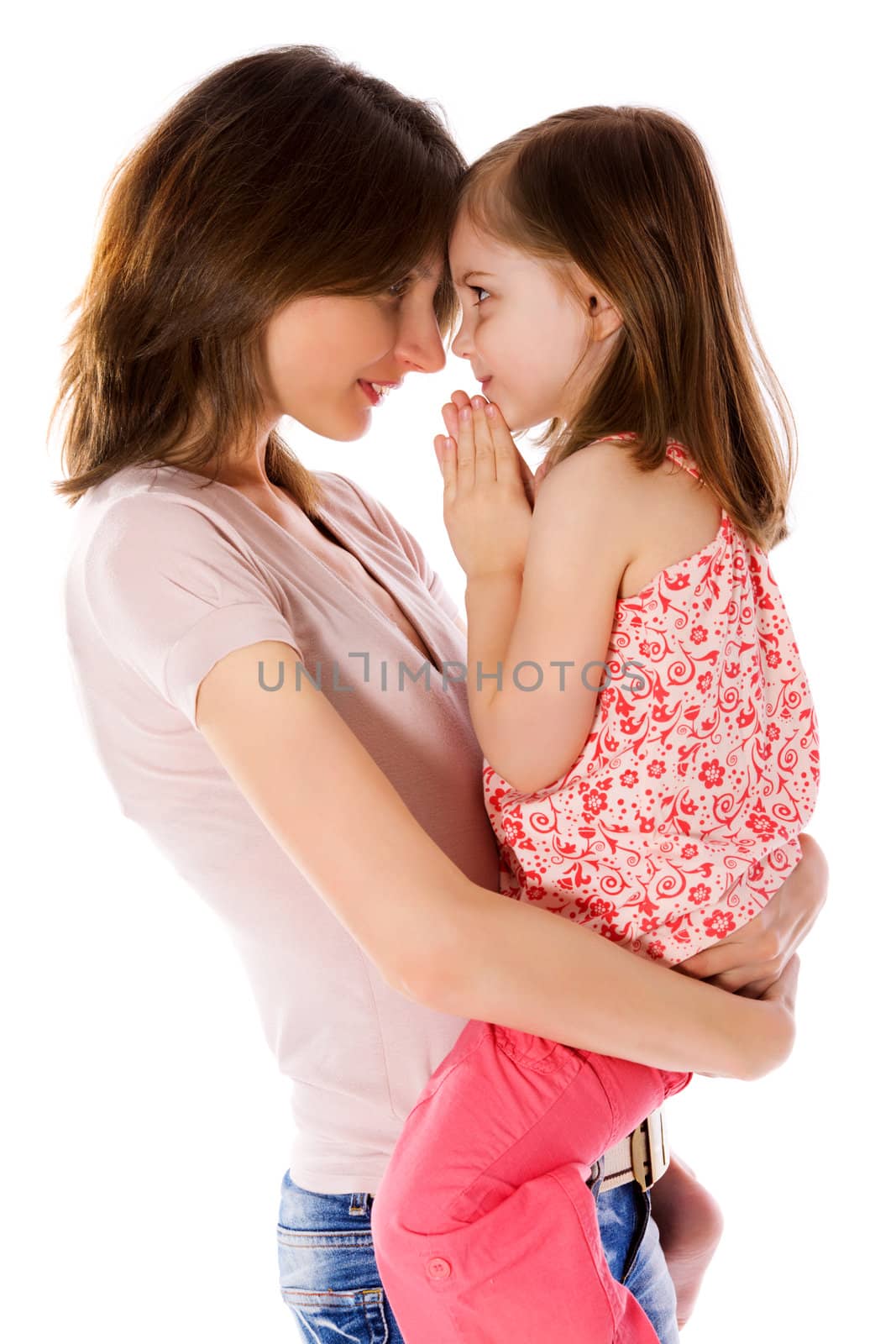 Mother with daughter sharing secrets isolated on white