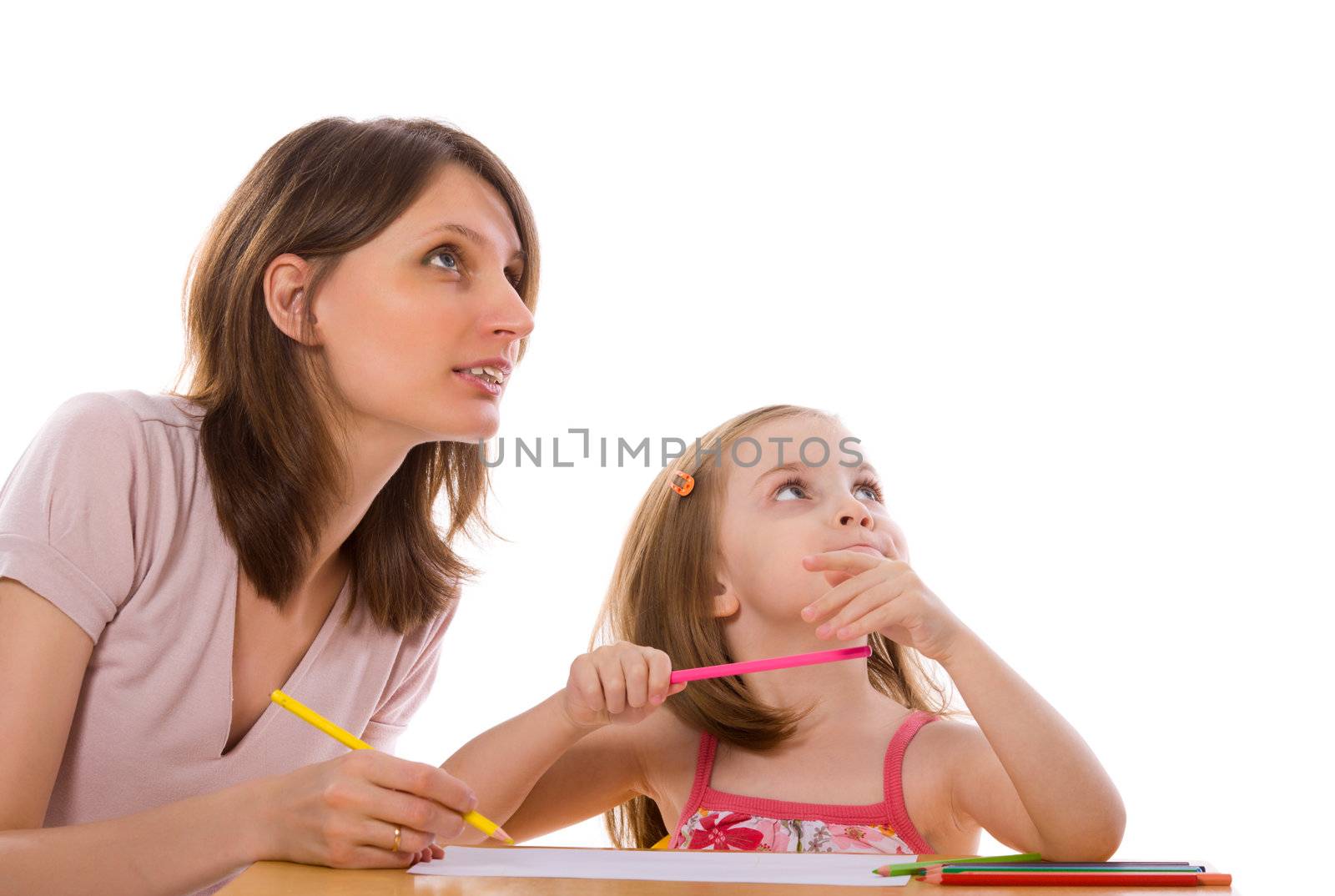 Mother helping daughter to draw isolated on white