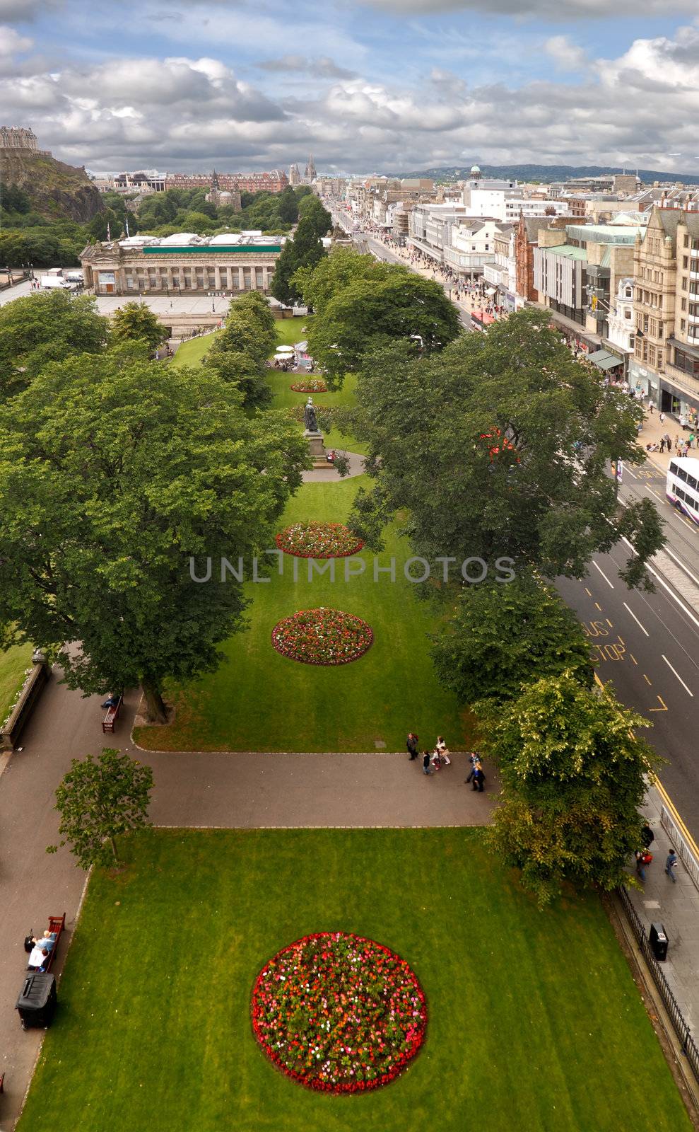 A view of Princes street and the gardens in Edinburgh, Scotland, photographed from the Scott monument.