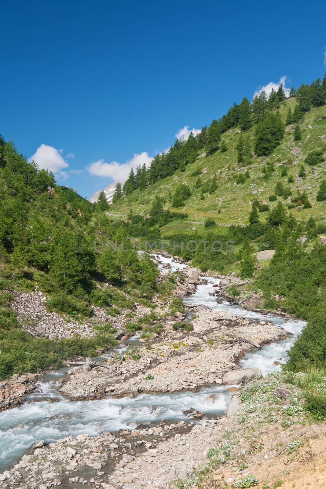 beautiful stream between rocks in Veny valley, Courmayeur. Italy