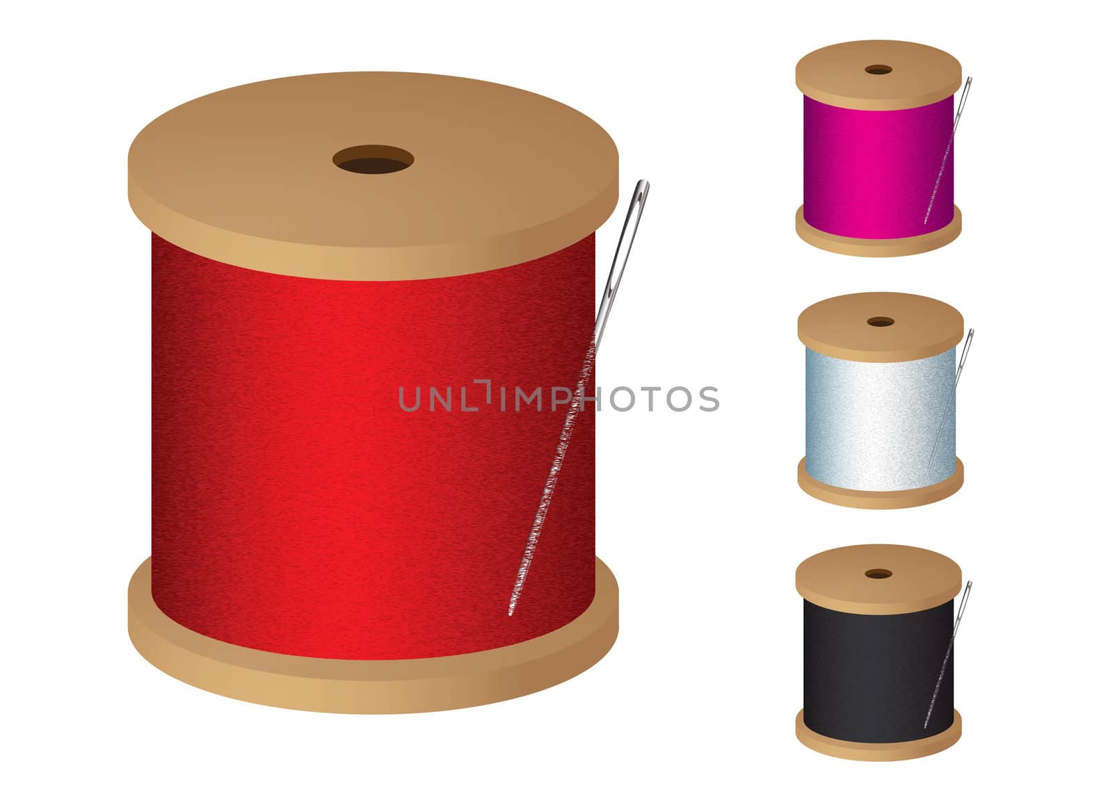 Cotton reel collection with sewing needle and colored thread