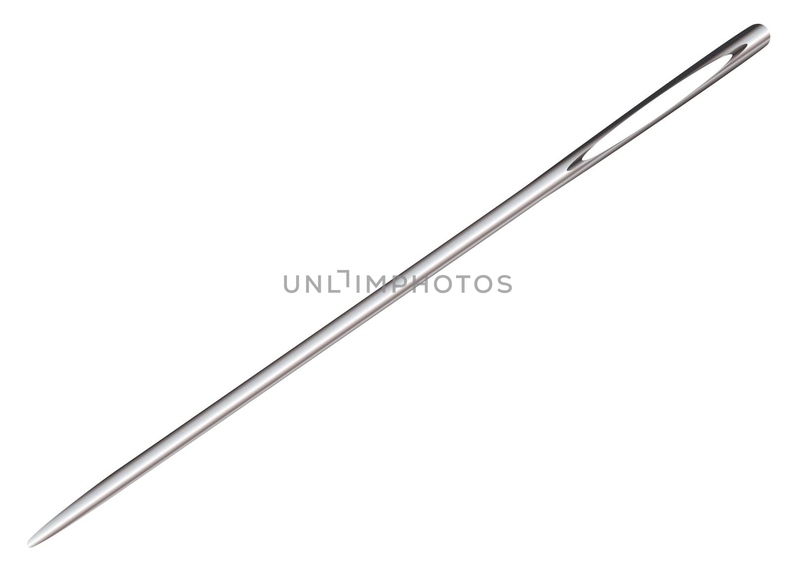 Silver metal sewing needle with eyelet and reflection surface