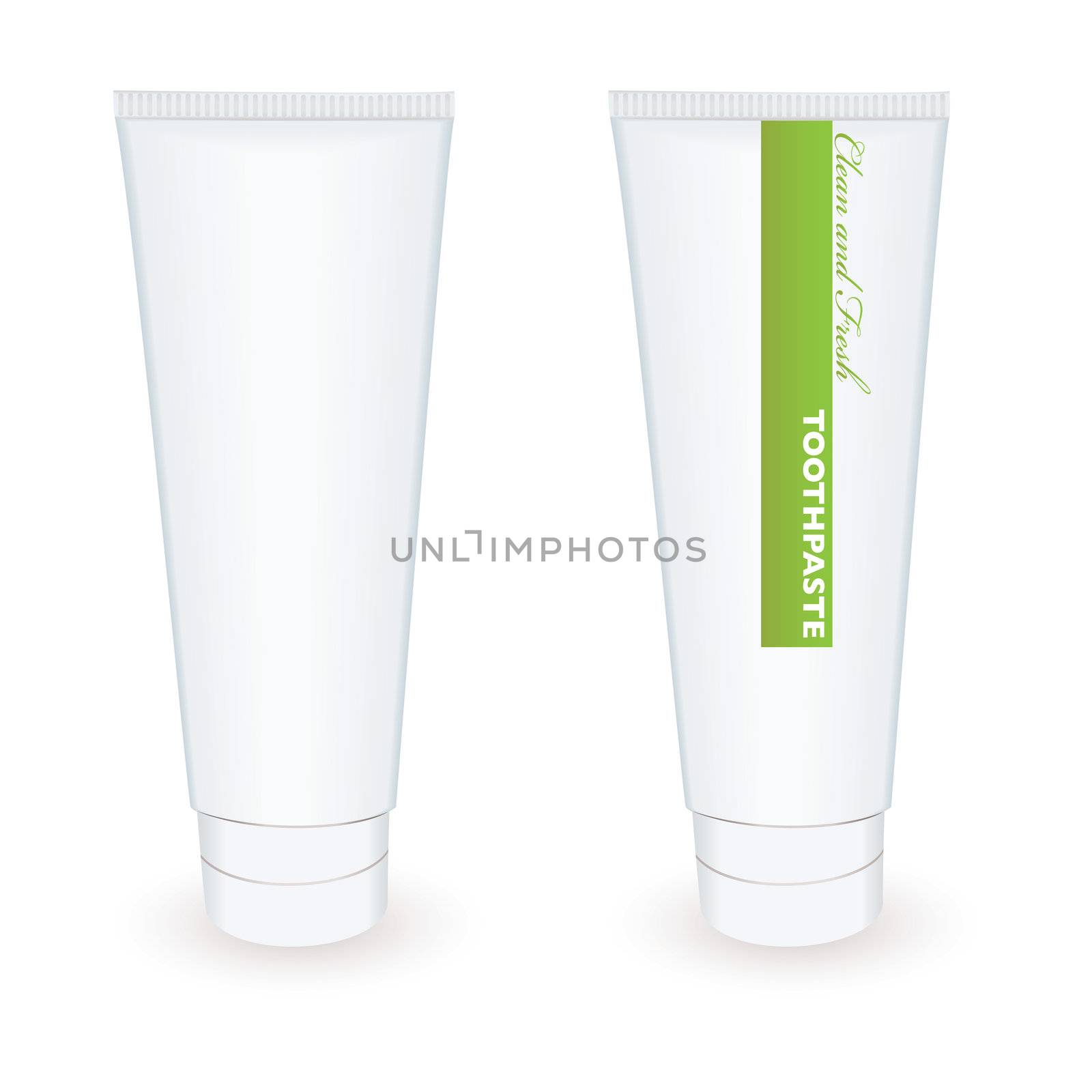 White blank toothpaste tube with green stripe and drop shadow