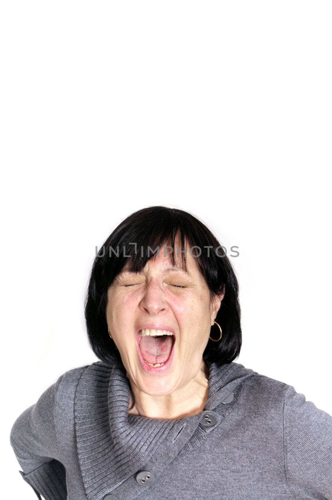 Aged woman screaming isolated on white background