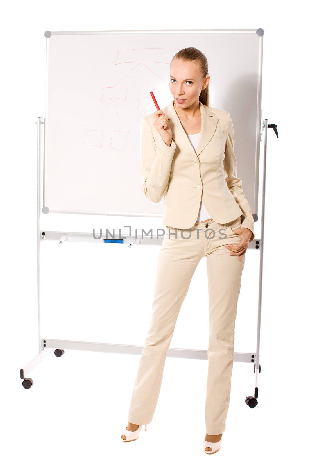 Standing businesswoman making presentation isolated