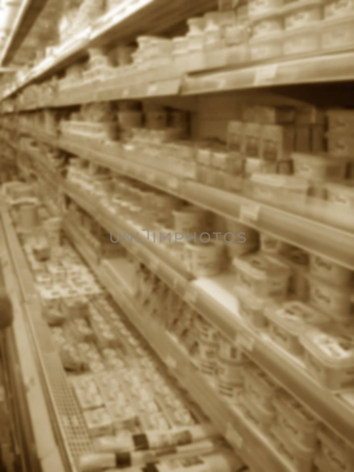 food store shelf full with product, sepia toned