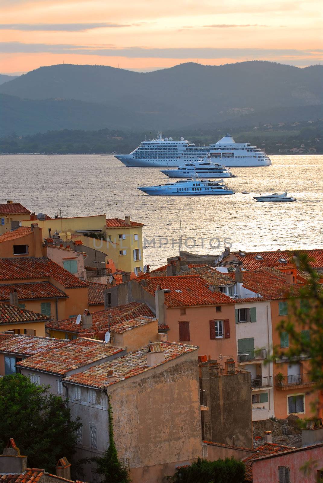Cruise ships at St.Tropez at sunset in French Riviera