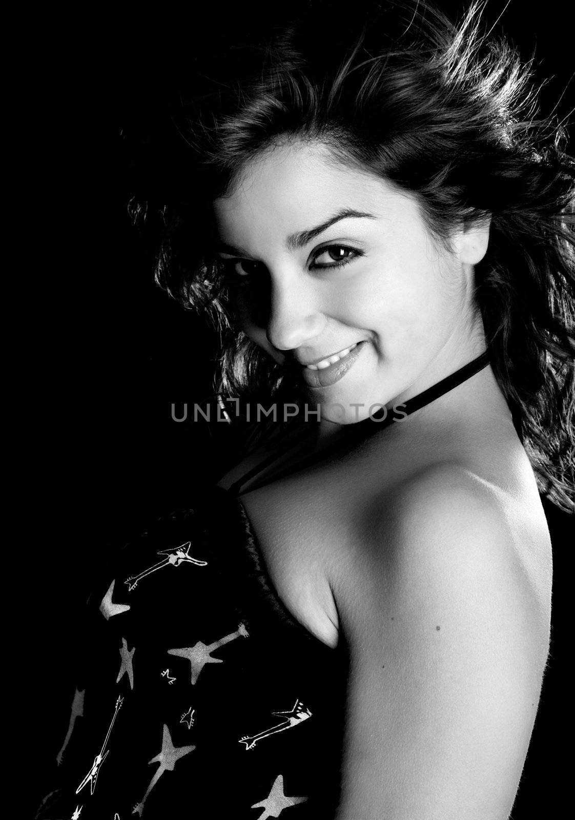 Black and white portrait of a beautiful young and attractive woman