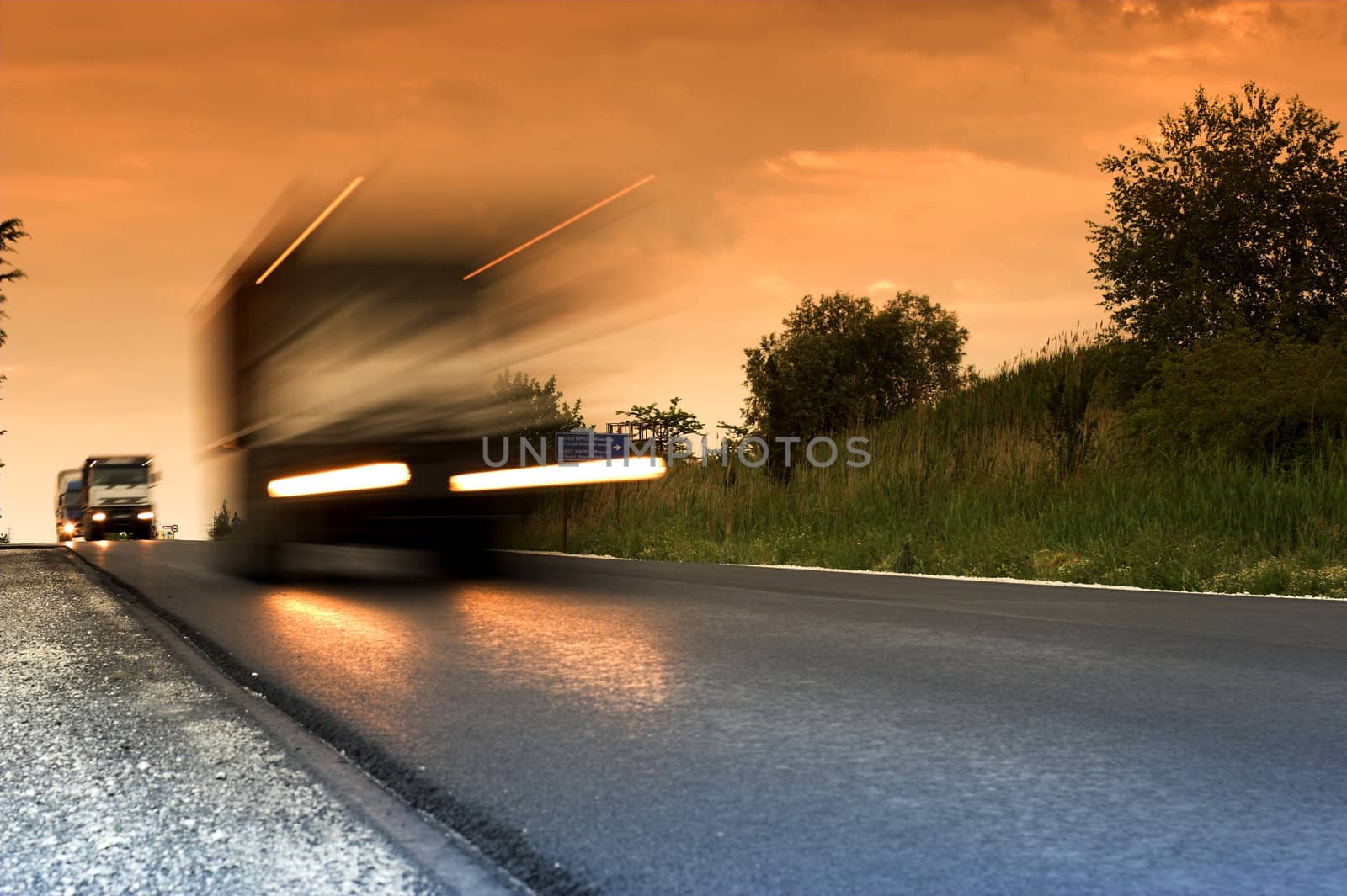 on the road  at sunset
